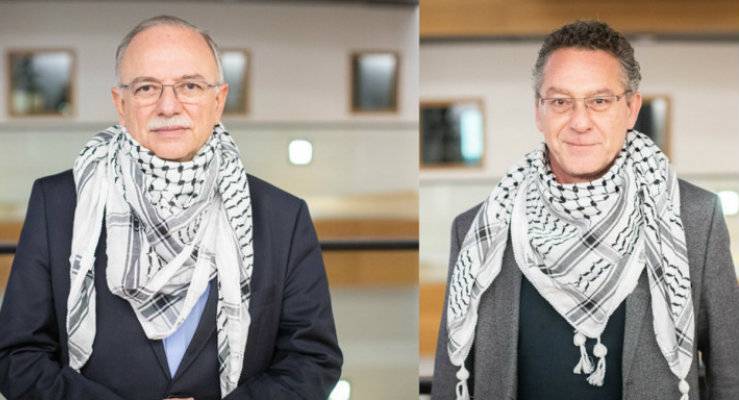 Με παλαιστινιακή μαντήλα Παπαδημούλης και Αρβανίτης – Διαμαρτύρονται για τη «συμφωνία του αιώνα»