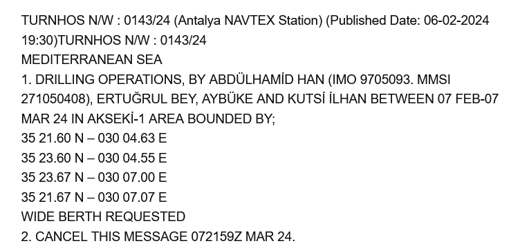NAVTEX για γεωτρύπανο της Τουρκίας