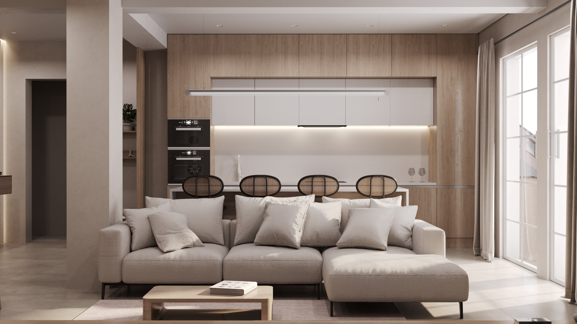 Ανακαίνιση σπιτιού με ενιαία κουζίνα–σαλόνι σε νότιο προσανατολισμό. Το φυσικό φως αναδεικνύει τα υλικά την ημέρα, ενώ ο τεχνητός φωτισμός δημιουργεί ατμόσφαιρα το βράδυ. — Renovator